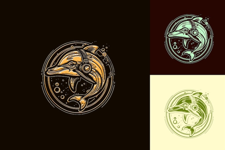 PSD intelligent dolphin animal mascot logo with scuba gear and u cute abstract vector designs