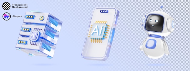 Intelligenza artificiale vetro set di rendering di icone 3D Chatbot robot personaggio server di dati telefono cellulare con chip AI isolato su sfondo blu Tecnologia informatica carina bot futuristico