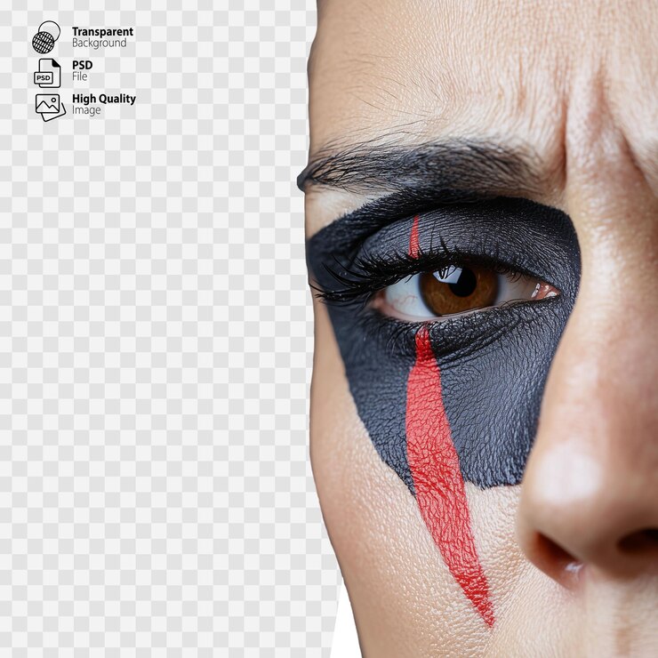 PSD intense closeup of a womans eye with dramatic black and red face paint on transparent background