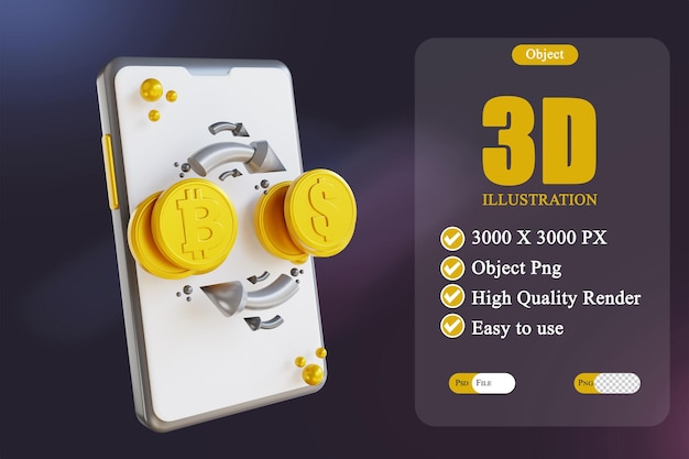 Intercambio de bitcoin móvil de ilustración 3D