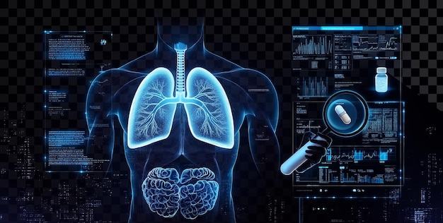 interfaccia AI con lente d'ingrandimento che evidenzia i polmoni su uno sfondo trasparente