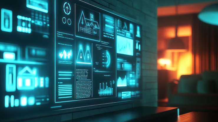 PSD interfaccia del pannello di controllo della casa intelligente visualizzata su uno schermo montato sulla parete in un soggiorno scarsamente illuminato