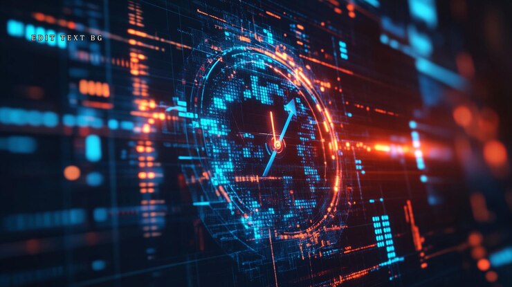 PSD interfaccia di orologio digitale astratta con linee luminose e flussi di dati