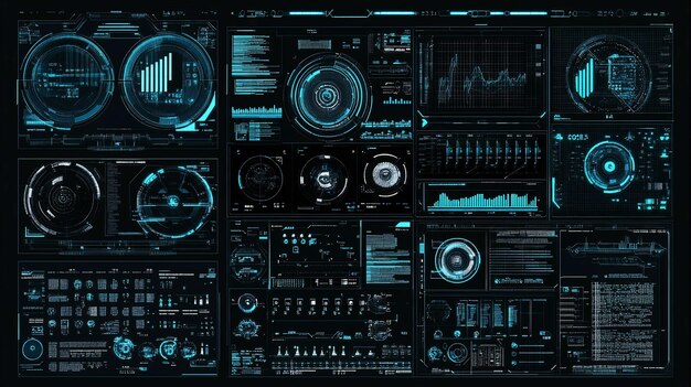 Interfaccia digitale futuristica con varie visualizzazioni e grafici di dati