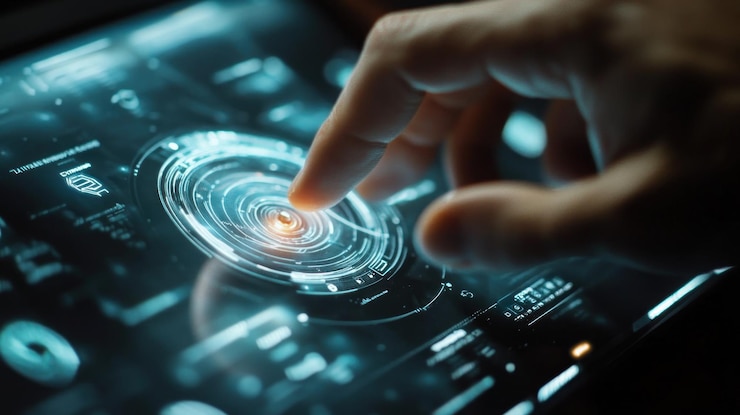PSD interfaccia digitale interattiva che visualizza un modello cosmico
