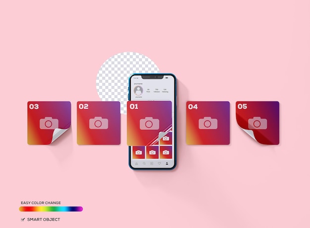 Interfaccia Instagram e post mockup sullo schermo del telefono cellulare in argilla