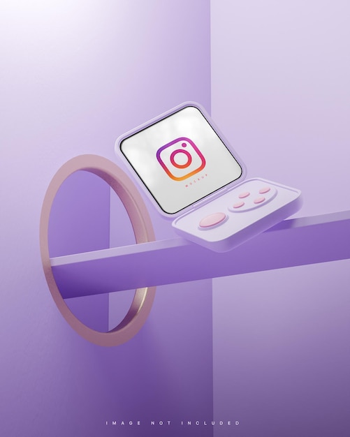 Interfaccia Instagram social media post dispositivo smart flip mockup sfondo viola rendering 3d