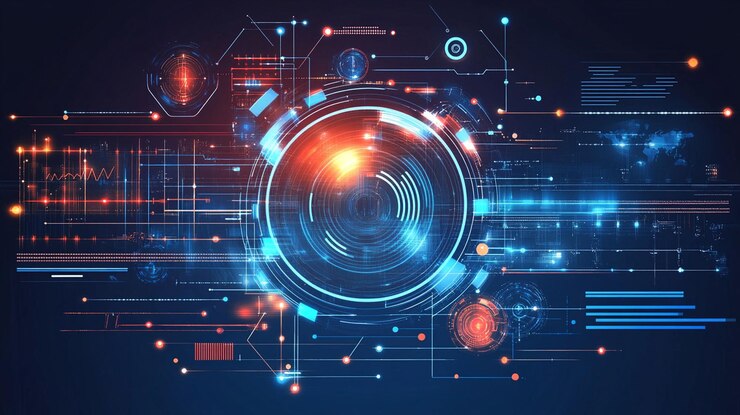 PSD interfaccia tecnologica futuristica astratta con cerchi luminosi, linee e dati