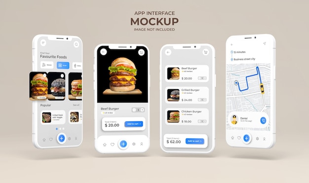 PSD interface d'application avec affichage du menu alimentaire sur la maquette de l'écran du téléphone