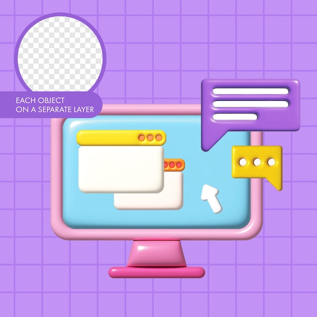 Interface de chat de message de communication d'ordinateur de bureau de dessin animé mignon 3D Icônes de conception 3D de dessin animé