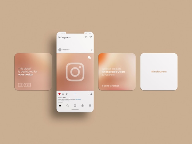 Interface do instagram e poste maquete na tela do celular de barro