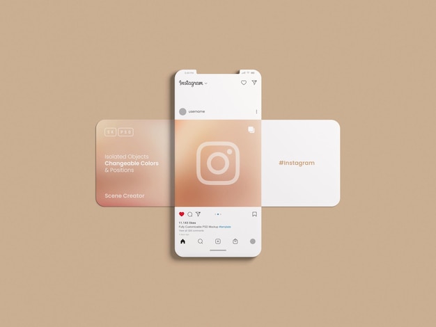 Interface do instagram e poste maquete na tela do celular de barro