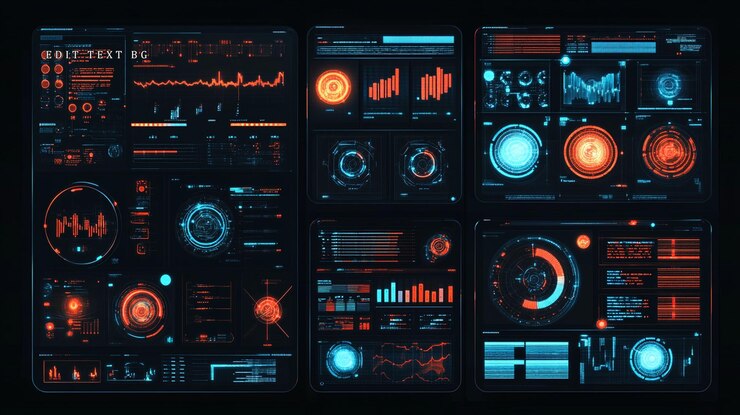 PSD interface hud futuriste avec divers graphiques de données et éléments numériques