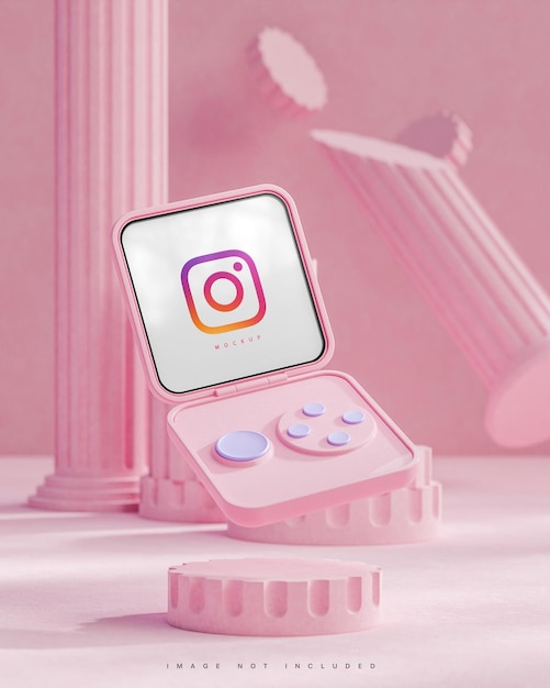 Interface instagram médias sociaux poster maquette de dispositif flip intelligent sur fond de béton rose rendu 3d