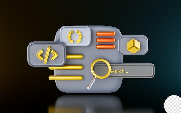 interface avec loupe signe de codage en verre sur fond sombre concept de rendu 3d pour l'analyse