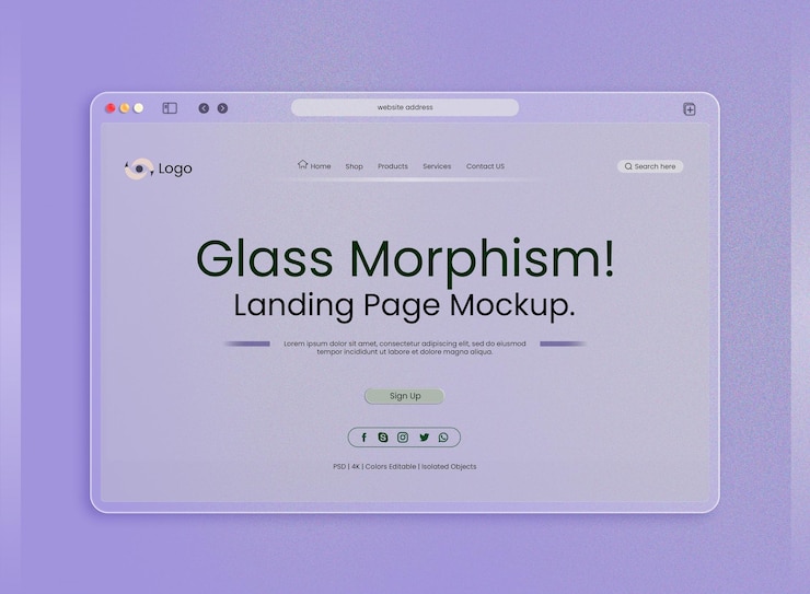 PSD interface de page de destination maquette de présentation de couleur bleu clair avec effet de morphisme du verre psd gratuite