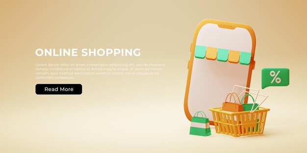 Interfaz de banner web de compras en línea con bolsa de compras 3D, cesta y teléfono inteligente