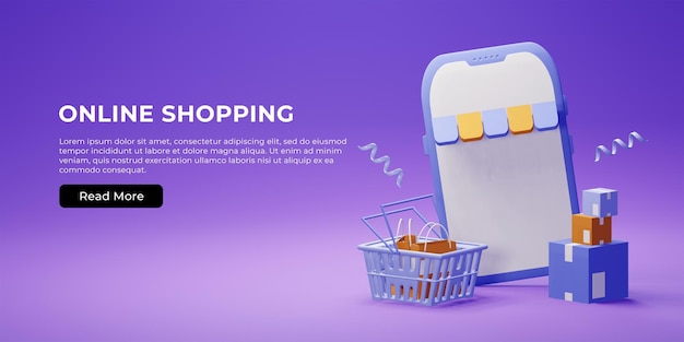 PSD interfaz de banner web de compras en línea con bolsa de compras 3d, paquete, cesta y teléfono inteligente