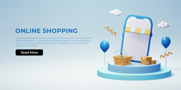 PSD interfaz de banner web de compras en línea con paquete 3d, cesta de compras y teléfono inteligente