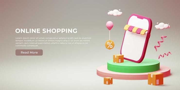 PSD interfaz de banner web de compras en línea con paquete 3d y teléfono inteligente