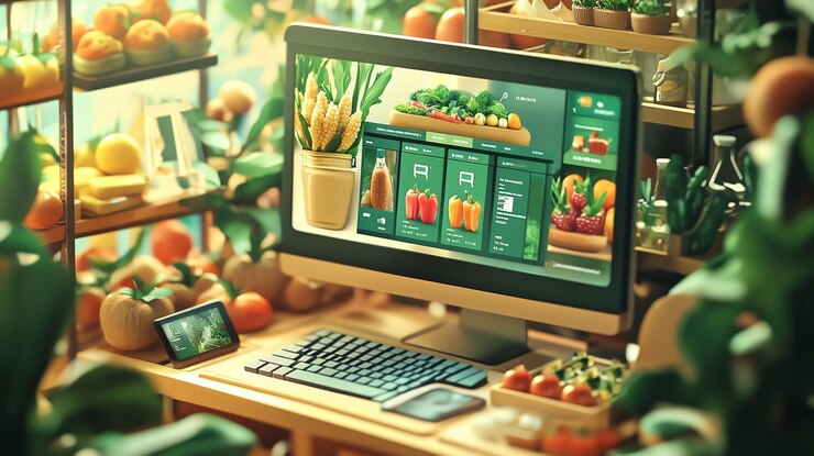 PSD interfaz de compras de comestibles en línea mostrada en una computadora de escritorio en un entorno de granja en miniatura