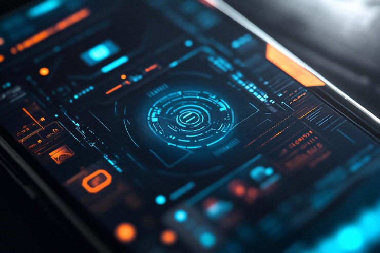 PSD interfaz digital futurista en un dispositivo móvil con elemento circular brillante y varias pantallas gráficas