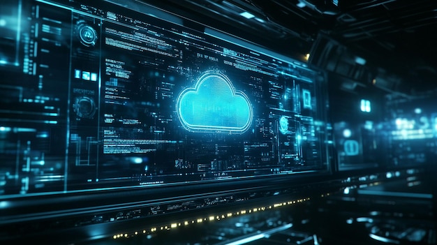 Interfaz digital futurista que muestra la tecnología de computación en nube con flujos de datos y visualización de red