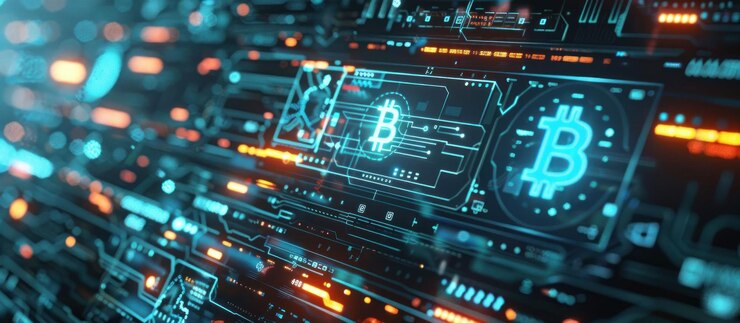 PSD interfaz digital futurista con un símbolo de bitcoin en una pantalla