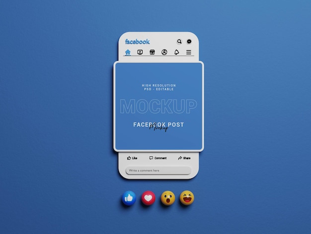 PSD interfaz de facebook renderizada en 3d con emojis para maqueta de publicación en redes sociales