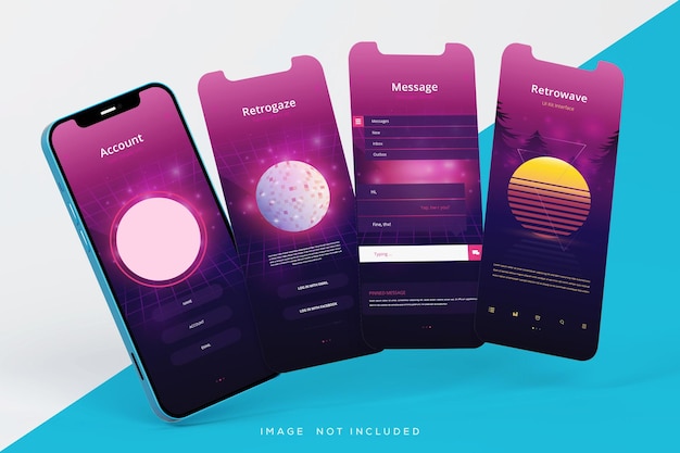 Interfaz flotante de cuatro teléfonos móviles con maqueta de presentación ui ux