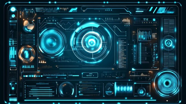 Interfaz HUD futurista con elementos azules y naranjas brillantes que muestran varios datos y controles