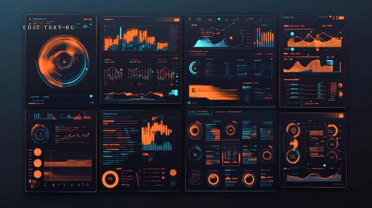 PSD interfaz hud futurista con gráficos y gráficos de visualización de datos que se muestran en múltiples pantallas