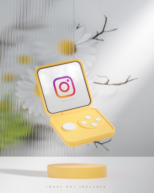 Interfaz de instagram publicación en redes sociales maqueta de dispositivo plegable inteligente sobre fondo de podio blanco render 3d