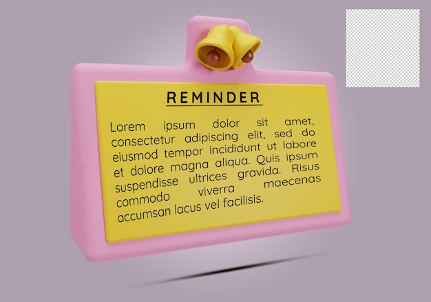 Interfaz de notificación de recordatorio de soporte rosa amarillo en maqueta de diseño 3d