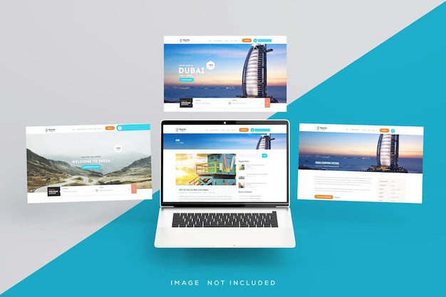 Interfaz de pantalla de cuatro portátiles con presentación de sitio web maqueta de vista frontal