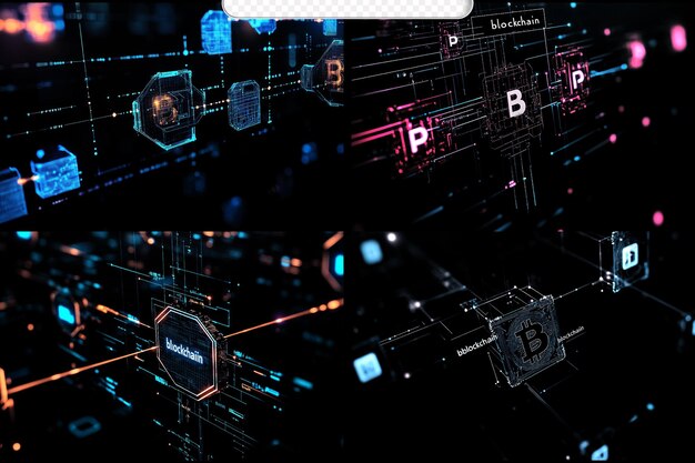 Interfaz de tecnología blockchain digital con fondo transparente y elementos futuristas