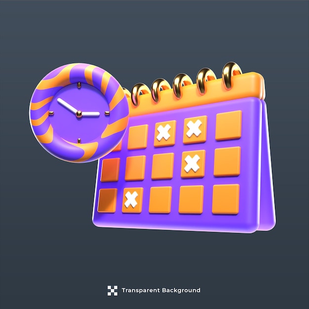 Interfaz de usuario del sitio web del concepto de notificación de recordatorio 3d de icono de reloj de calendario púrpura