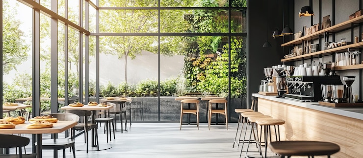 PSD un intérieur de café moderne avec de grandes fenêtres