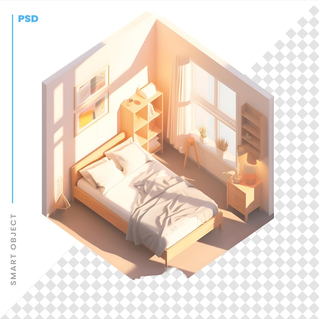 PSD l'intérieur de la chambre vue isométrique rendu 3d