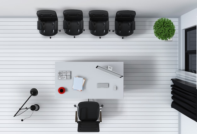 Intérieur du bureau avec vue de dessus d'ordinateur de bureau rendu 3D