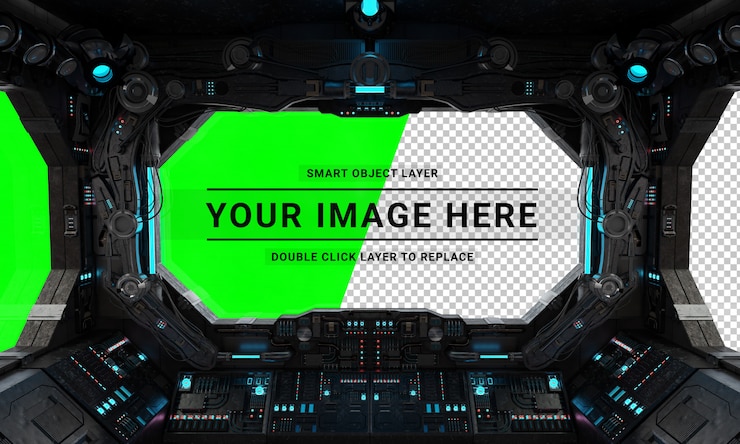 PSD intérieur futuriste de vaisseau spatial grunge avec fenêtre découpée