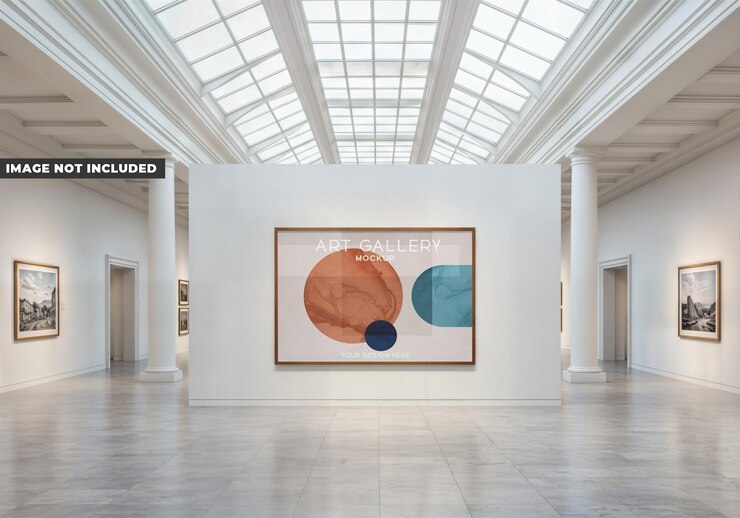 PSD intérieur de la galerie d'art avec des œuvres d'art exposées