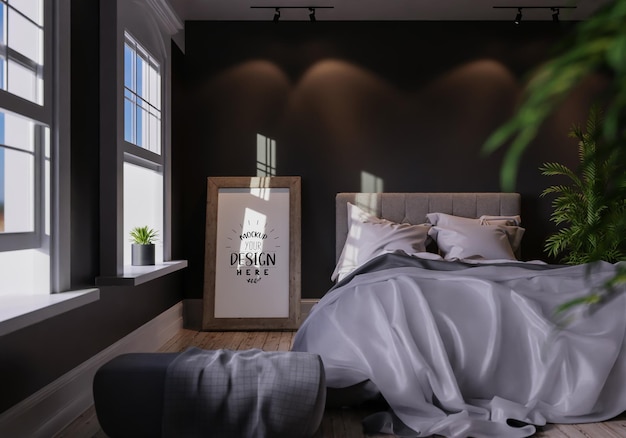 PSD intérieur de maquette de cadre d'affiche dans une chambre à coucher