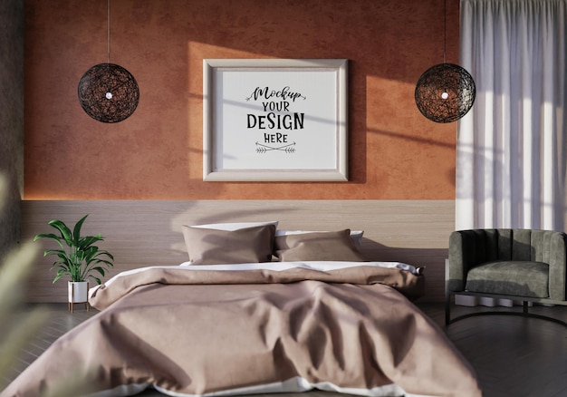 Intérieur de maquette de cadre d'affiche dans une chambre à coucher