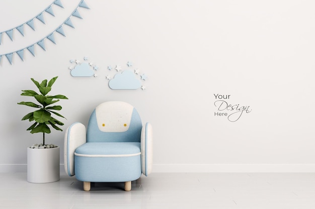 Intérieur Minimaliste De La Chambre Des Enfants Avec Fauteuil Design Et Plante Sur Mur Blanc