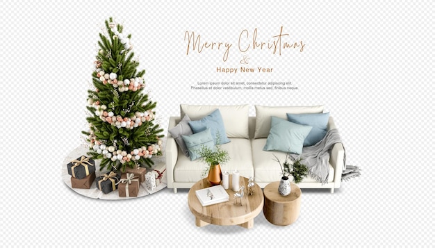 Interieur mit bequemem sofa und geschmücktem weihnachtsbaum