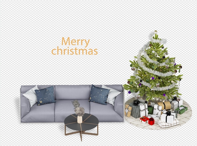 Interieur mit geschmücktem weihnachtsbaum und sofa