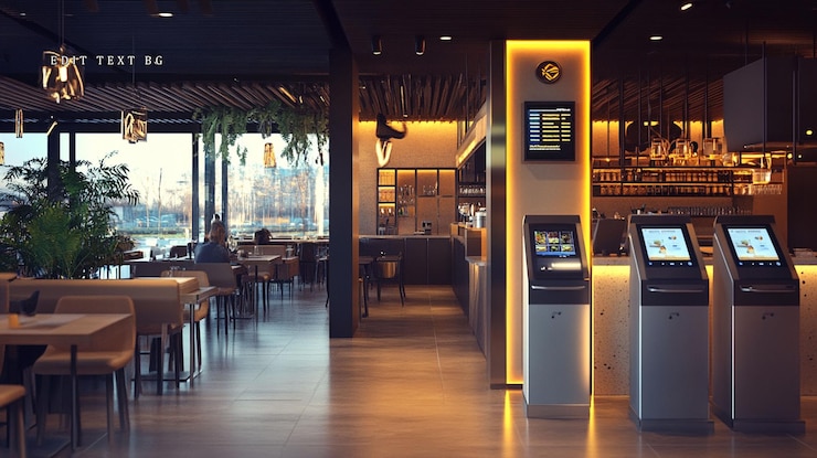 PSD intérieur de restaurant moderne avec kiosques selfordering bar et vue sur la ville