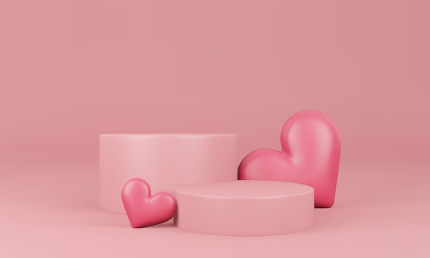 Intérieur de la Saint-Valentin avec plate-forme rose pastel en rendu 3d