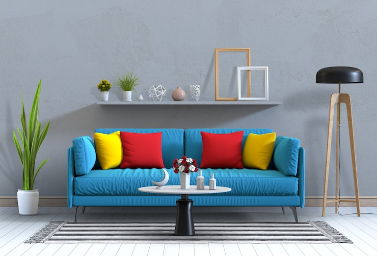 PSD intérieur de salon de style moderne avec canapé et décorations.